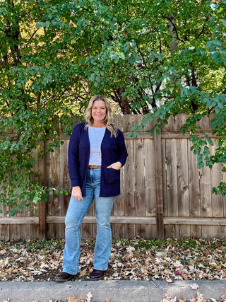 Navy Waffle Knit Open Cardigan Sweater