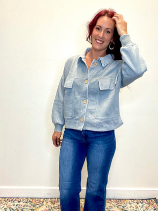 Gray Acid Washed Fleece Shacket with Front Pockets
