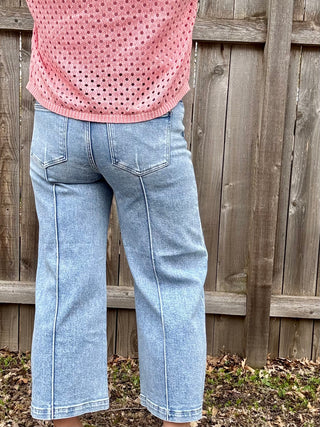Risen Mid Rise Crop Wide Leg Pintuck Detail Jeans