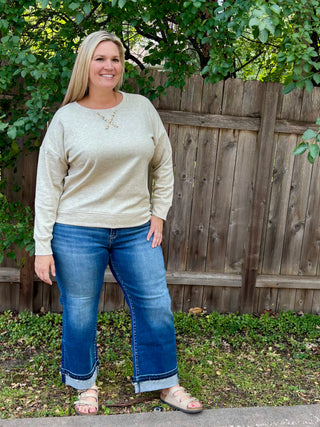 Oatmeal Micro Brushed Crewneck Sweatshirt with Floral Detailed Elbow Patches and Cross Neck