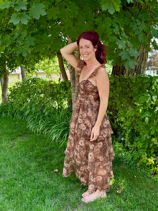 Floral Chiffon Ruffle Tiered Corset Midi Dress