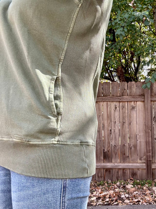 Army Green French Terry Dyed Pullover with Pockets