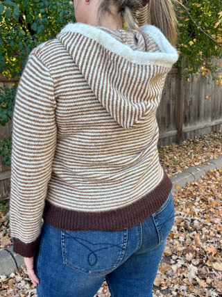 Brown Striped Hooded Long Sleeve Sweater