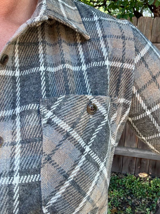 Soft Gray, Tan, White Stretch Plaid Button Up