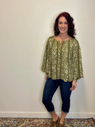 Green Lace Inset Bell Sleeve Blouse