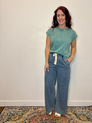 Wide Leg Denim Drawstring Pants