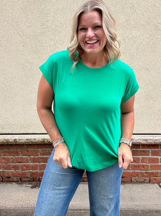 Kelly Green  Round Neck Folded Sleeve Tee