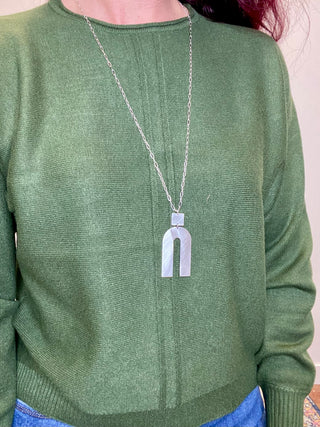 Army Green Front Seam Round-Neck Sweater