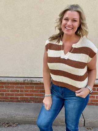Camel Split Neck Sleeveless Stripe Sweater