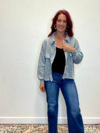 Gray Acid Washed Fleece Shacket with Front Pockets