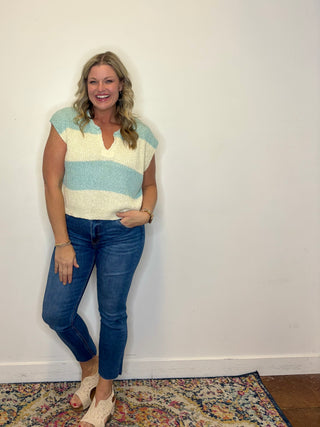 Split Neck Sleeveless Stripe Sweater