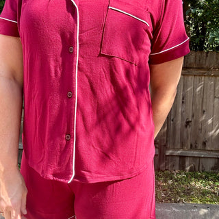 Burgundy Short Sleeve Button Down Shirt and Shorts Set