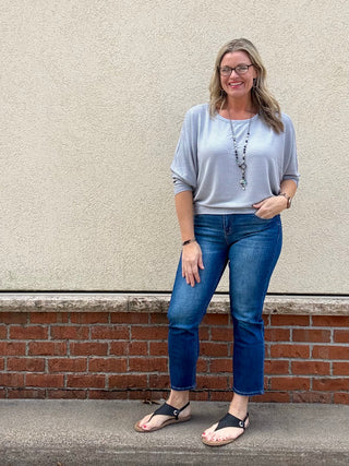 Grey Ribbed 3/4 Sleeve Dolman Top