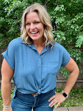 Dusty Blue Woven Airflow Button Up