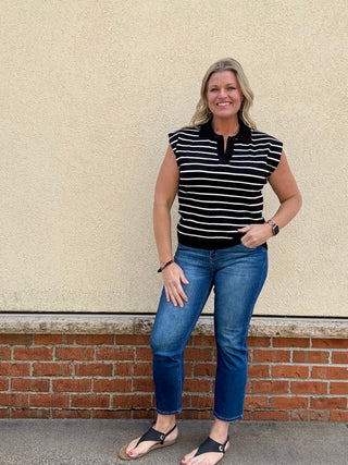 Ivory/Black Striped Collared Sweater Sleeveless Top