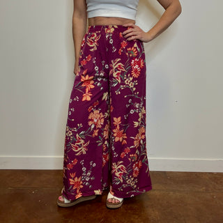 Plum Floral Print Wide Leg Pants