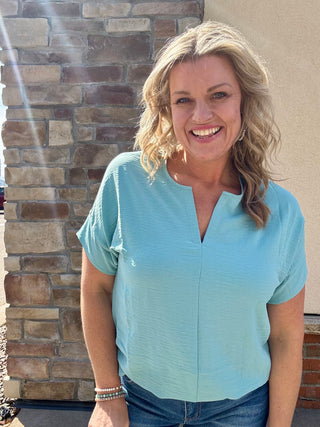 Dusty Teal Woven Airflow Short Sleeve Split Neck Top