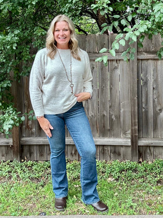 Oatmeal Oversized Crewneck Sweater with Ribbed Contrast Details