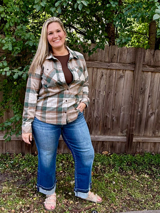 Cream, Tan, Green Stretch Plaid Button Up