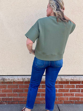 Olive Ribbed Round Neck Short Sleeve