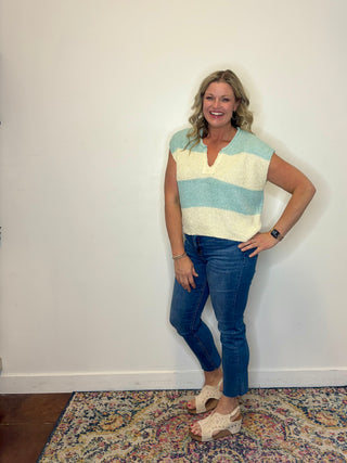 Split Neck Sleeveless Stripe Sweater