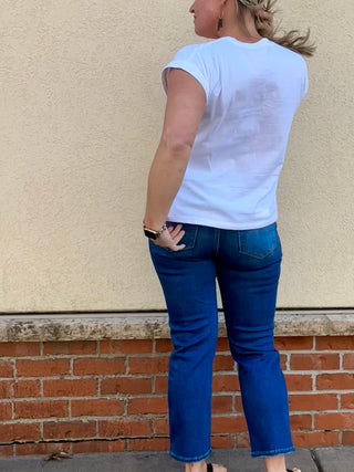 White Round Neck Folded Sleeve Tee