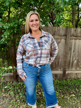 Blue, Blush, Tan Stretch Plaid Button Up