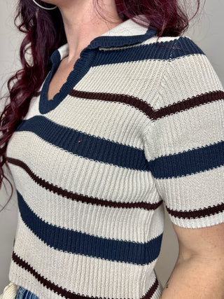 Navy Striped Collared Short Sleeve Cropped Sweater