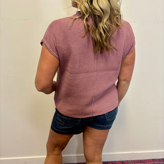 Light Rose Mock Neck Short Sleeve Sweater