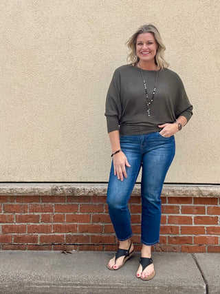 Olive Ribbed 3/4 Sleeve Dolman Top