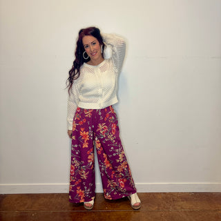 Plum Floral Print Wide Leg Pants