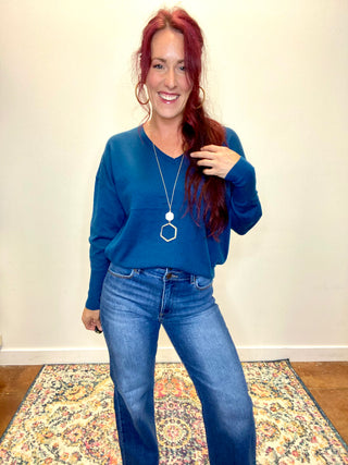 Navy V-Neck Wool Blend Sweater