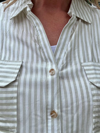 Light Olive Striped Collard Light Weight Button Down Top