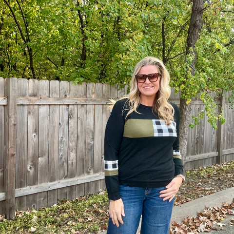 Black, Olive, White Buffalo Colorblock Plaid Top