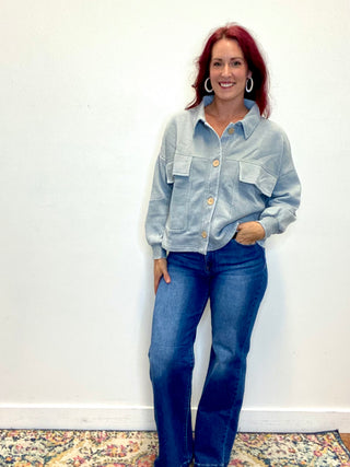 Gray Acid Washed Fleece Shacket with Front Pockets