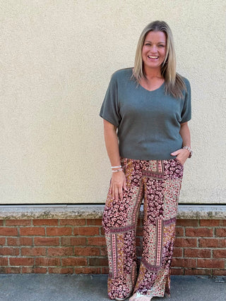Printed Wide Leg Pant with Floral Color Block Print