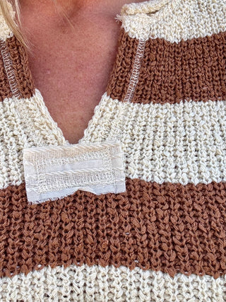 Camel Split Neck Sleeveless Stripe Sweater