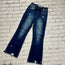 Risen High Rise Kick Flare Jeans with Small Slit and Distressing