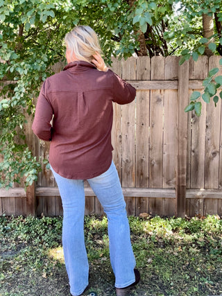 Brown Stretch Solid Button Up