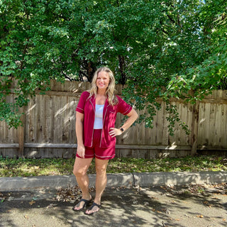 Burgundy Short Sleeve Button Down Shirt and Shorts Set