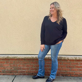 Black Front Seam V-Neck Sweater