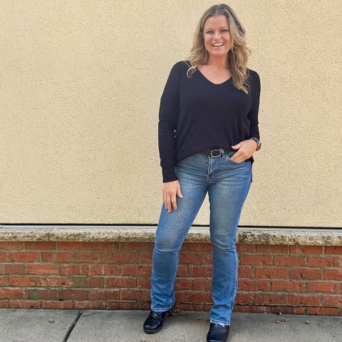 Black Front Seam V-Neck Sweater