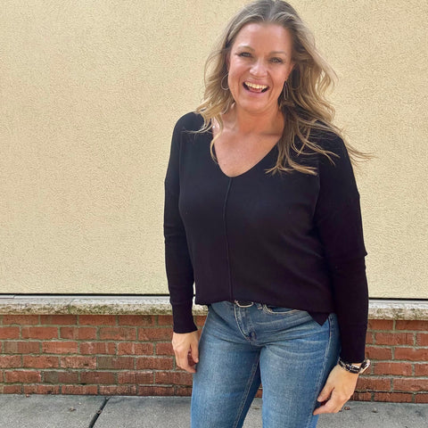 Black Front Seam V-Neck Sweater