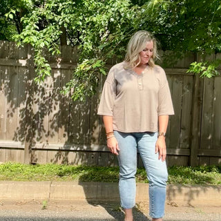 Mocha Waffle Knit 3/4 Sleeve with 3 Button Details