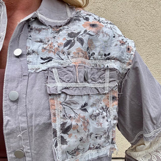 Grey Long Sleeve Button Up with Floral Details