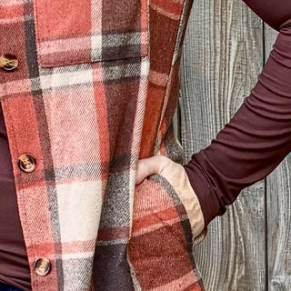 Rust Sleeveless Cardigan Plaid Vest