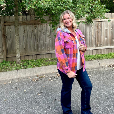 Orange/Pink Plaid Shacket with Hood