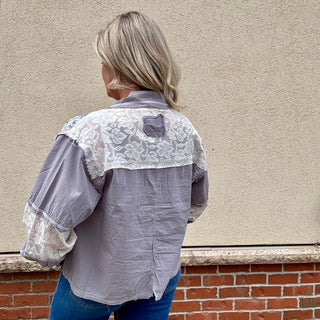 Grey Long Sleeve Button Up with Floral Details