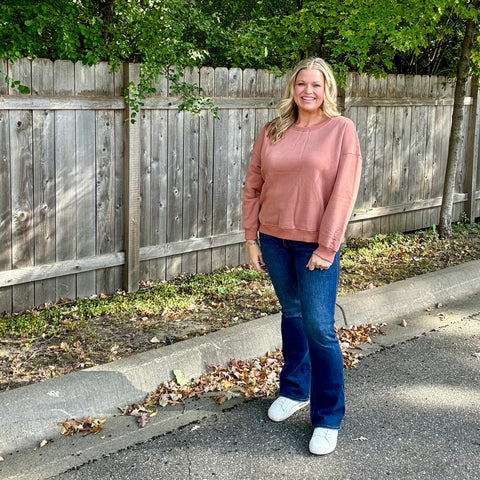 Dusty Rose Fleece Sweatshirt with HAPPY Embroidered Sleeve