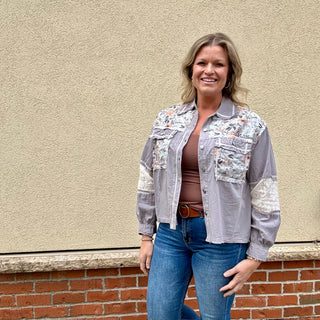 Grey Long Sleeve Button Up with Floral Details
